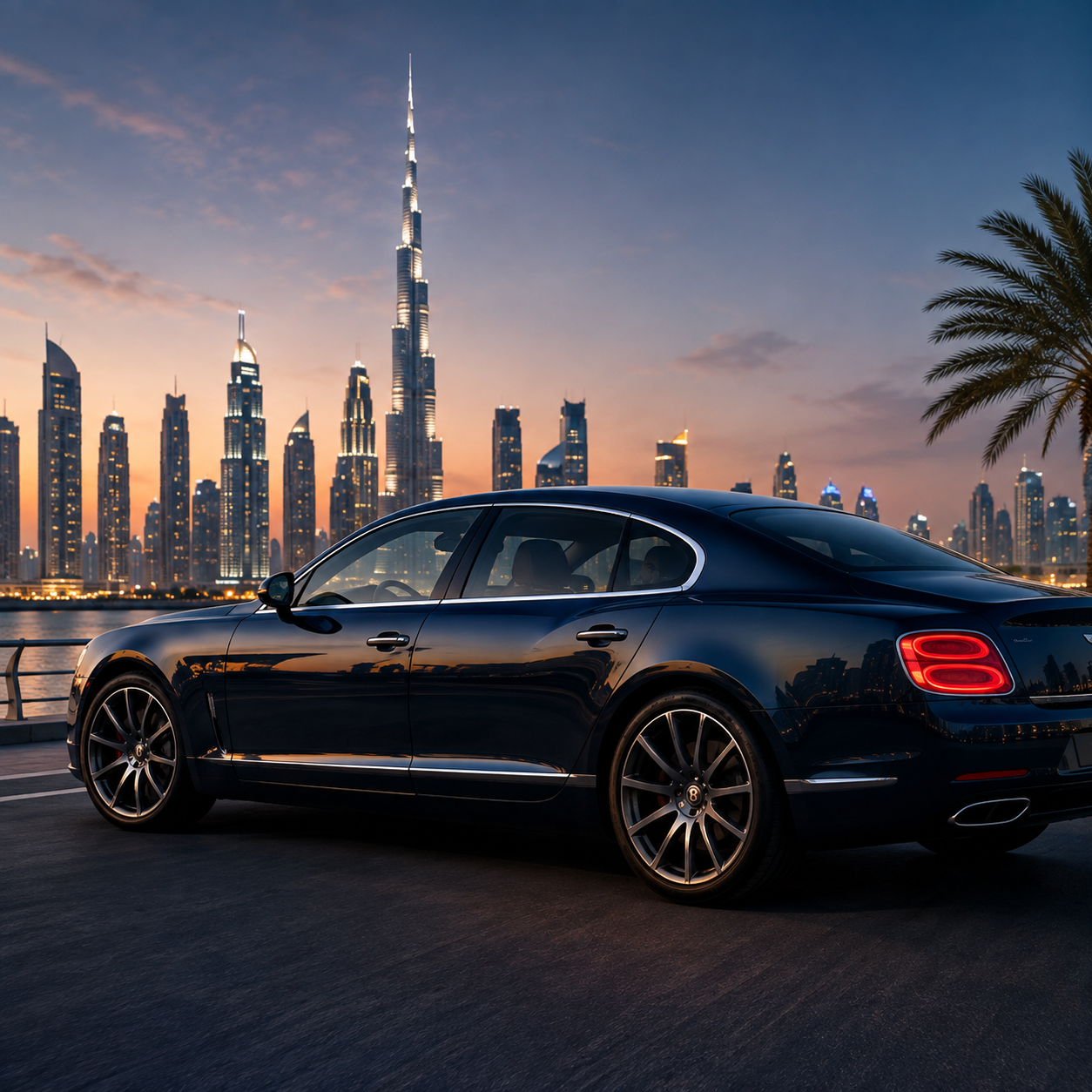 Luxury cars lined up in Dubai at golden hour