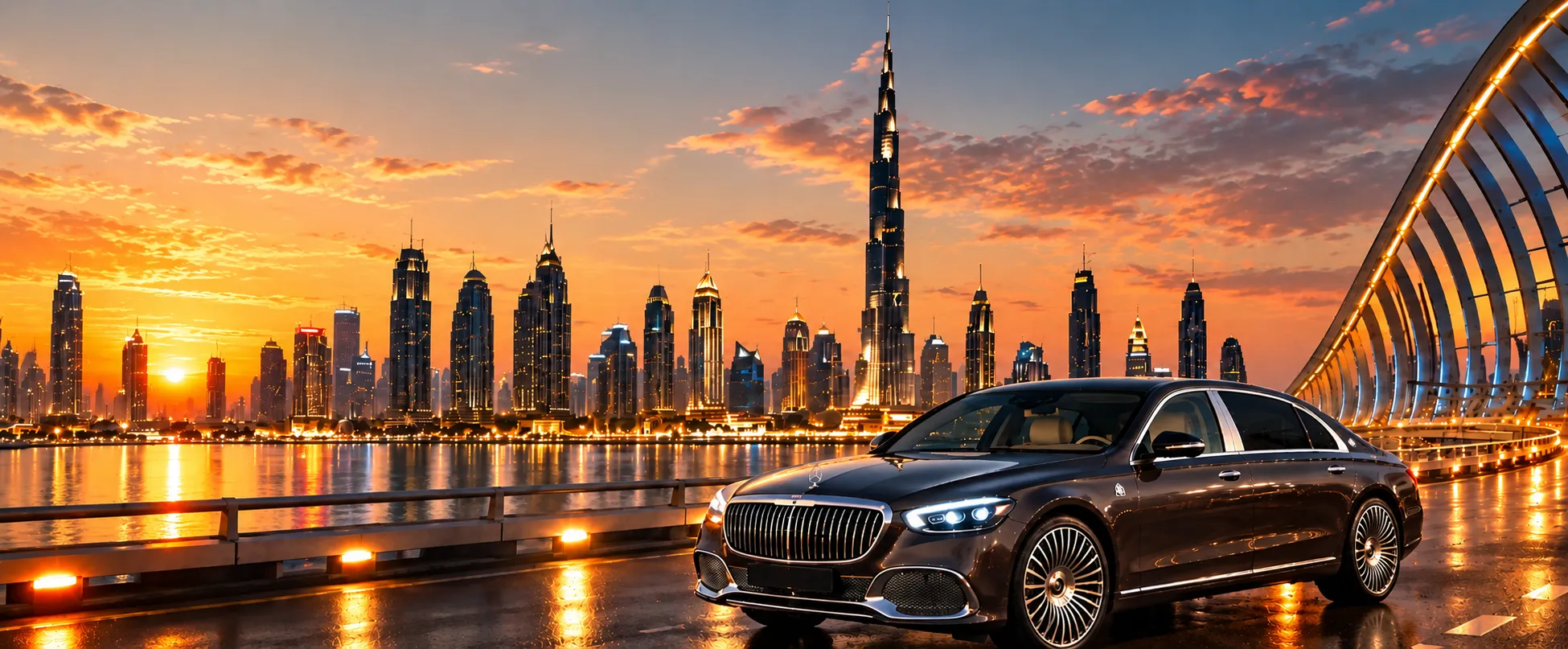Mercedes-Maybach S580 in Dubai with Burj Khalifa skyline at dusk